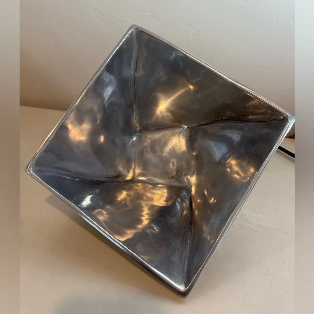 Vintage Large Square Pewter Metal Bowl Fruit‎ Basket Diamond Twist Art Decor